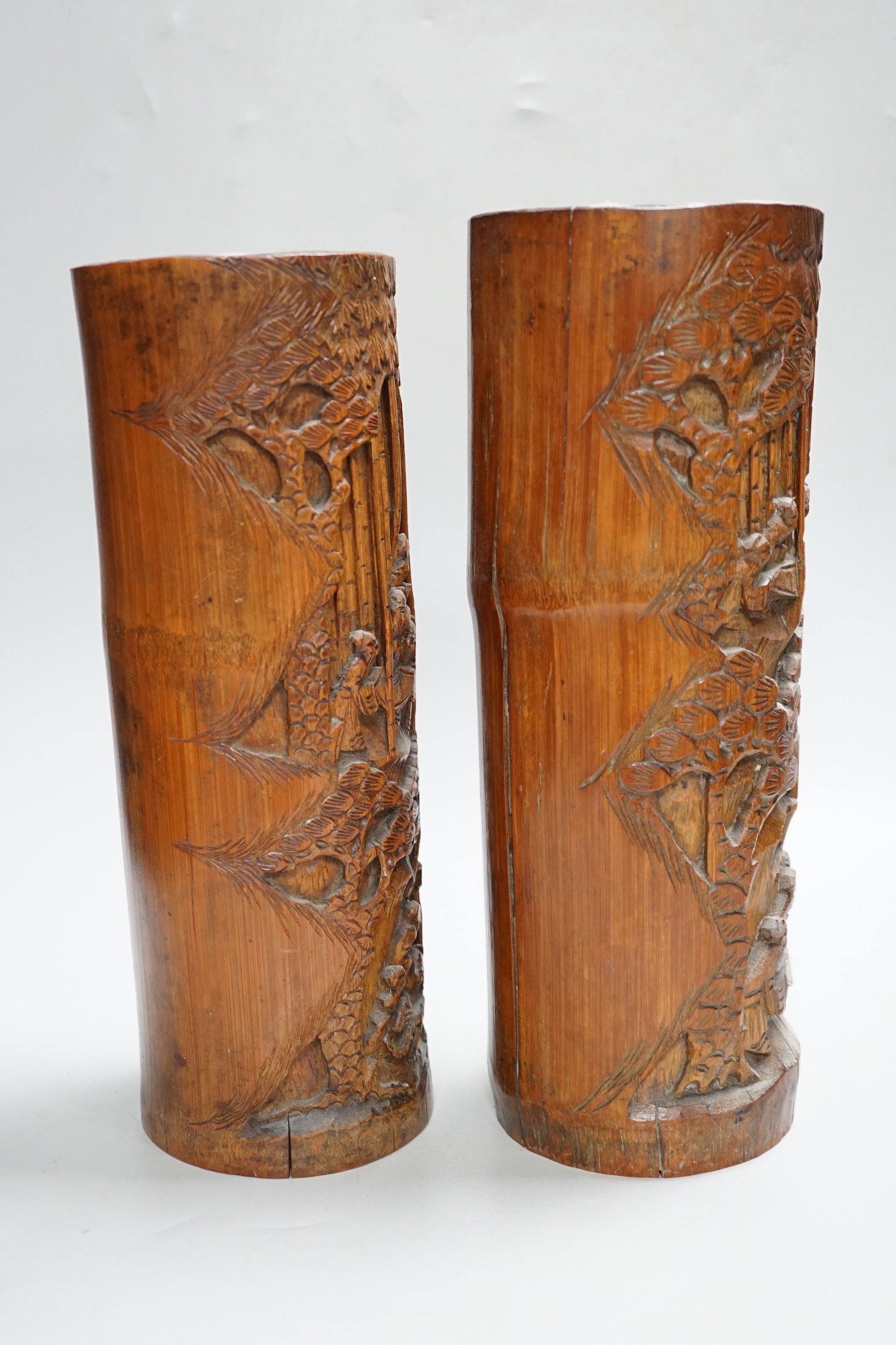 Two Chinese carved bamboo brushpots, 31cm
